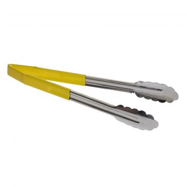 Tablecraft 3712YEU 12" One Piece Vinyl-Coated Tongs with Yellow Handle