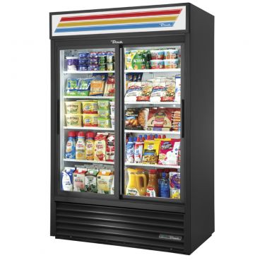 True GDM-45-HC-LD 51 1/8" Black Two Section Refrigerated Sliding Glass Door Merchandiser with LED Lighting - 115V
