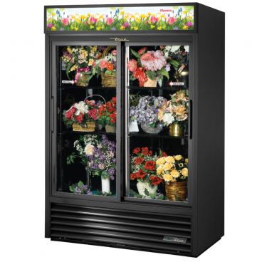 True GDM-47FC-HC-LD 54 1/8" Two Door Black Glass Sliding Door Refrigerated Floral Case with 4 Shelves and Hydrocarbon Refrigerant - 115V