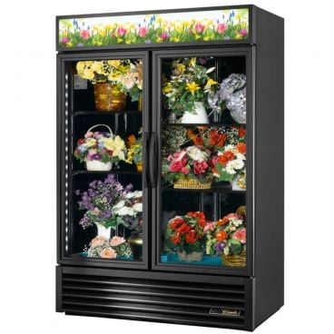 True GDM-49FC-HC~TSL01 54 1/8" Two Door Black Glass Floral Case with 4 Shelves and Hydrocarbon Refrigerant - 115V