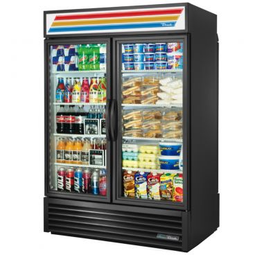 True GDM-49RL-HC~TSL01 54 1/8" Black Two Section Rear Load Glass Door Refrigerated Merchandiser - 115V