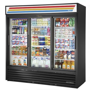 True GDM-69-HC-LD 78 1/8" Black Three Section Refrigerated Sliding Glass Door Merchandiser with LED Lighting - 115V