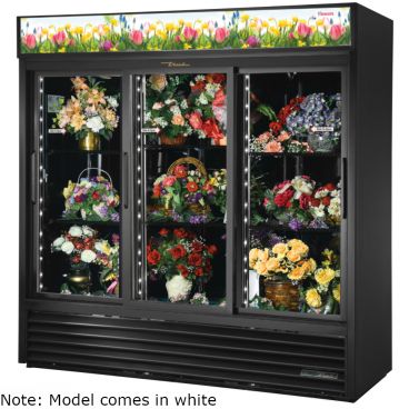 True GDM-69FC-HC-LD 78 1/8" White Three Door Glass Sliding Door Floral Case with 6 Shelves and Hydrocarbon Refrigerant - 115V