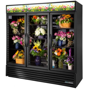 True GDM-72FC-HC~TSL01 78 1/8" Three Door Black Glass Floral Case with 6 Shelves and Hydrocarbon Refrigerant - 115V