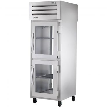 True STA1RPT-2HG-1G-HC Spec Series 1-Section 27 1/2" Wide Half-Height Glass Front Doors And Full-Height Glass Rear Door Insulated R290 Hydrocarbon Pass-Thru Refrigerator With Stainless Steel Exterior And Aluminum Interior, 115V