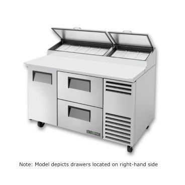 True TPP-AT-60D-2-HC_LH 60-1/4” Solid Door And Two Left-Hand Drawers Alternate Top Pizza Prep Table With 8 Food Pans And Hydrocarbon Refrigerant - 115V