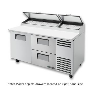 True TPP-AT-67D-2-HC_LH 67-3/8” Solid Door And Two Left-Hand Drawers Alternate Top Pizza Prep Table With 9 Food Pans And Hydrocarbon Refrigerant - 115V