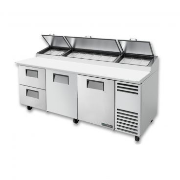 True TPP-AT-93D-2-HC_LH 93-1/2” Two Door And Two Left-hand Drawers Alternate Top Pizza Prep Table With 12 Food Pans And Hydrocarbon Refrigerant - 115V
