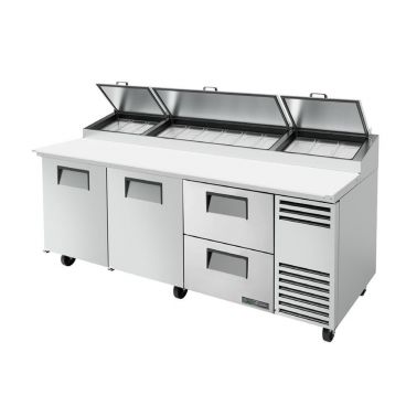 True TPP-AT-93D-2-HC_RH 93-1/2” Two Door And Two Right-hand Drawers Alternate Top Pizza Prep Table With 12 Food Pans And Hydrocarbon Refrigerant - 115V