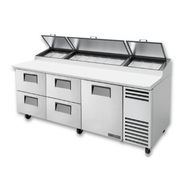 True TPP-AT-93D-4-HC_LH 93-1/2” Solid Door And Four Left-hand Drawers Alternate Top Pizza Prep Table With 12 Food Pans And Hydrocarbon Refrigerant - 115V