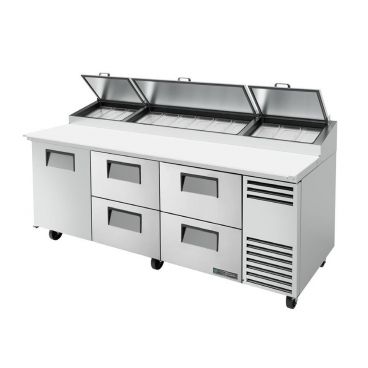 True TPP-AT-93D-4-HC_RH 93-1/2” Solid Door And Four Right-hand Drawers Alternate Top Pizza Prep Table With 12 Food Pans And Hydrocarbon Refrigerant - 115V
