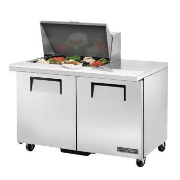 True TSSU-48-12M-B-HC 48-3/8” Mega-Top Two Door Sandwich / Salad Food Prep Table Refrigerator With 12 Food Pans And Hydrocarbon Refrigerant - 115V