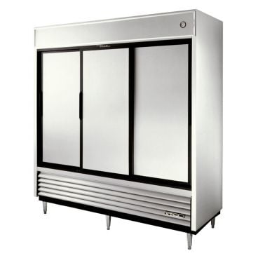 True TSD-69 TSD Series Reach-In Three Section Refrigerator w/ Three Stainless Steel Sliding Doors And Nine PVC Coated Shelves