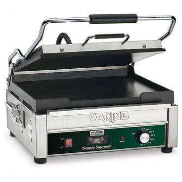 Waring WFG275T Tostato Supremo Full-Size 14" x 14" Cooking Surface Cast Iron Flat Plate Italian-Style Panini Toasting Grill With 20-Minute Reprogrammable Timer, 120V 1800 Watts