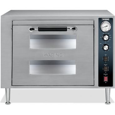 Waring WPO700 Countertop 27" Wide Double-Deck 1-Door Heavy-Duty 18" Diameter Pizza Oven With Tempered Glass Doors And Cleaning Brush, 240V 3200 Watts