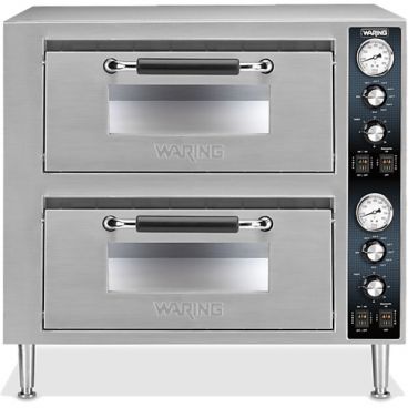 Waring WPO750 Countertop 27" Wide Double-Deck 2-Door Heavy-Duty 18" Diameter Pizza Oven With Tempered Glass Doors And Cleaning Brush, 240V 3500 Watts
