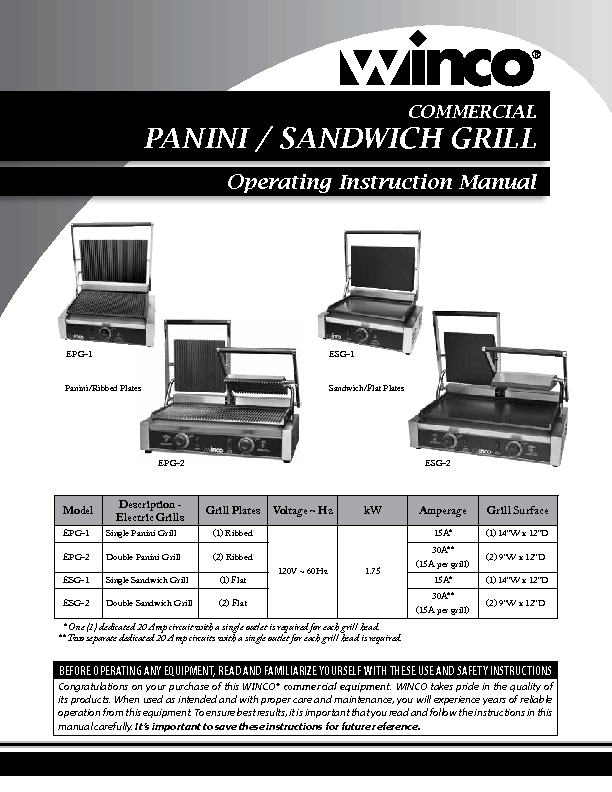 WinCo Sandwich Grill Single 14 Inch Flat Plate 120v Esg-1 for sale online